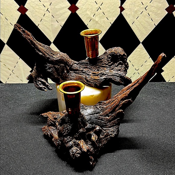 Vintage Driftwood Candle Holders – Rustic Wood with Shiny Bronze Accents - Picture 6 of 12